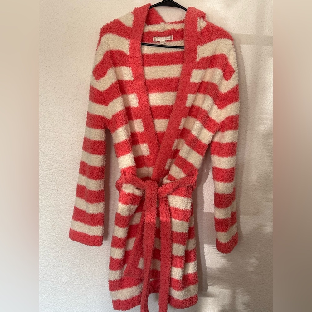 Barefoot dreams robe cozy chic hood coral stripe pockets belted-size 1
